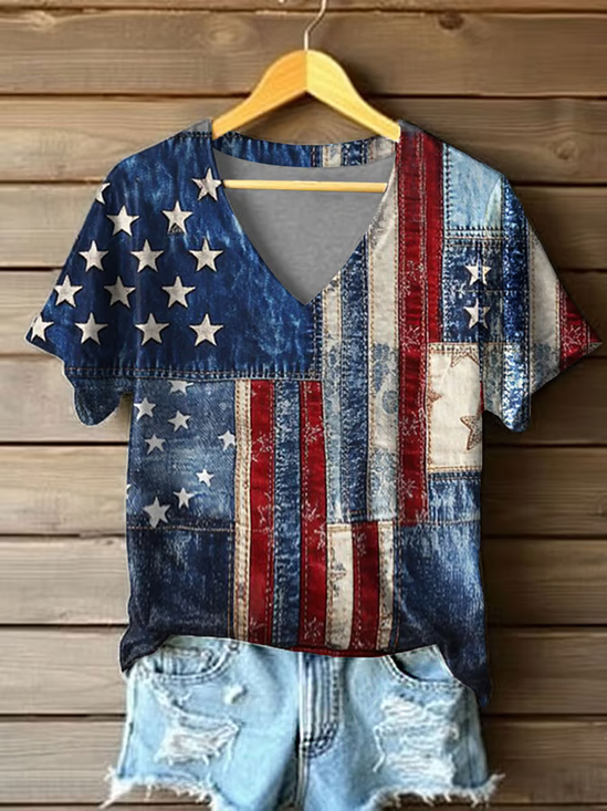 Women Independence Day (Flag) Short Sleeve Tee T-shirt V Neck Printing Casual Summer Graphic Tee Top