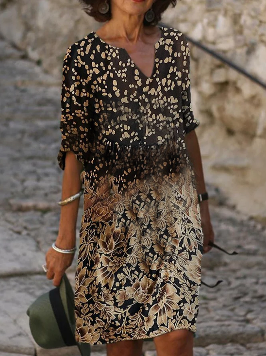 Women Floral Half Sleeve Summer Printing Dress V Neck Daily Casual Mini Shift Dress H-Line Dress