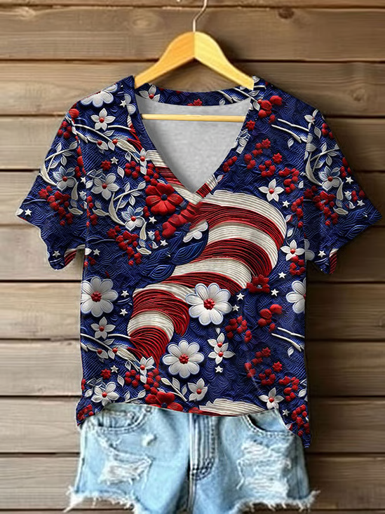 Women Floral Short Sleeve Tee T-shirt V Neck Printing Casual Summer Graphic Tee Top
