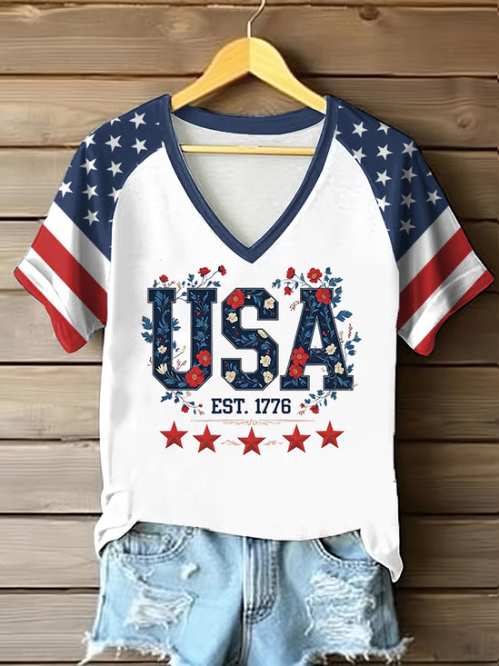 Women Floral Short Sleeve Tee T-shirt V Neck Printing Casual Summer Graphic Tee Top