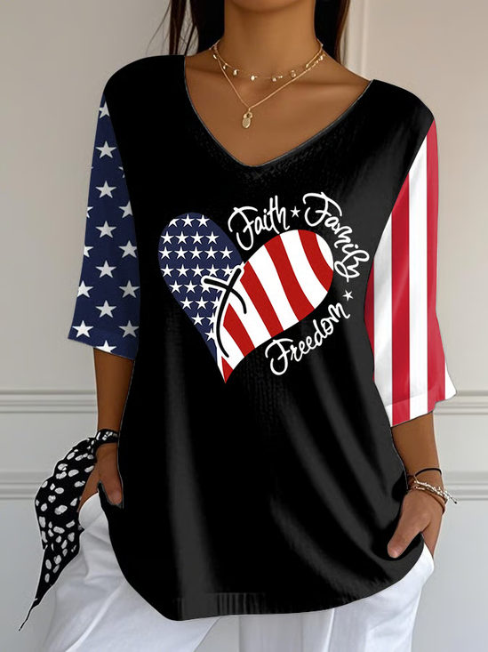 Women Independence Day (Flag) Three Quarter Sleeve Tee T-shirt V Neck Printing Casual Spring/Fall Top