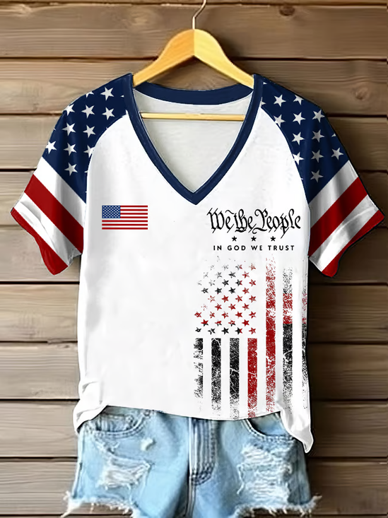 Women Independence Day (Flag) Short Sleeve Tee T-shirt V Neck Printing Casual Summer Graphic Tee Top