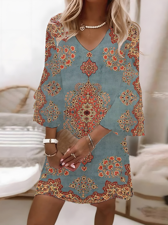 Women Floral Half Sleeve Summer Printing Dress V Neck Daily Casual Maxi H-Line Dress
