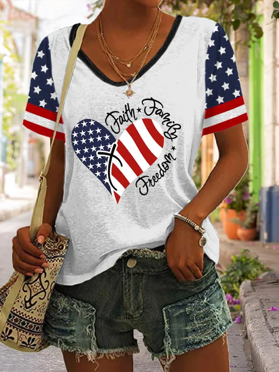 Women Independence Day (Flag) Short Sleeve Tee T-shirt V Neck Printing Casual Summer Graphic Tee Top
