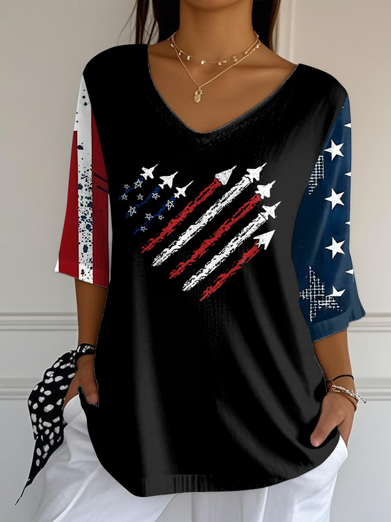 Women Independence Day (Flag) Three Quarter Sleeve Tee T-shirt V Neck Printing Casual Spring/Fall Top