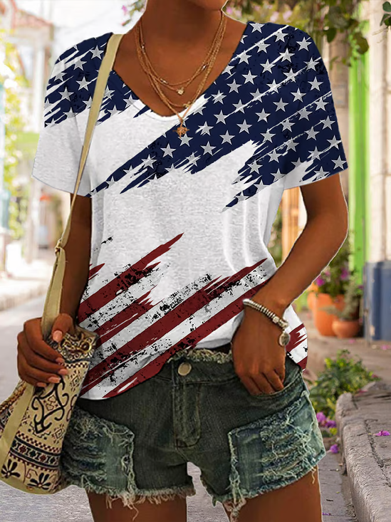 Women Independence Day (Flag) Short Sleeve Tee T-shirt V Neck Printing Casual Summer Graphic Tee Top