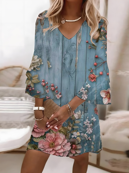 Women Floral Half Sleeve Summer Printing Dress V Neck Daily Casual Maxi H-Line Dress