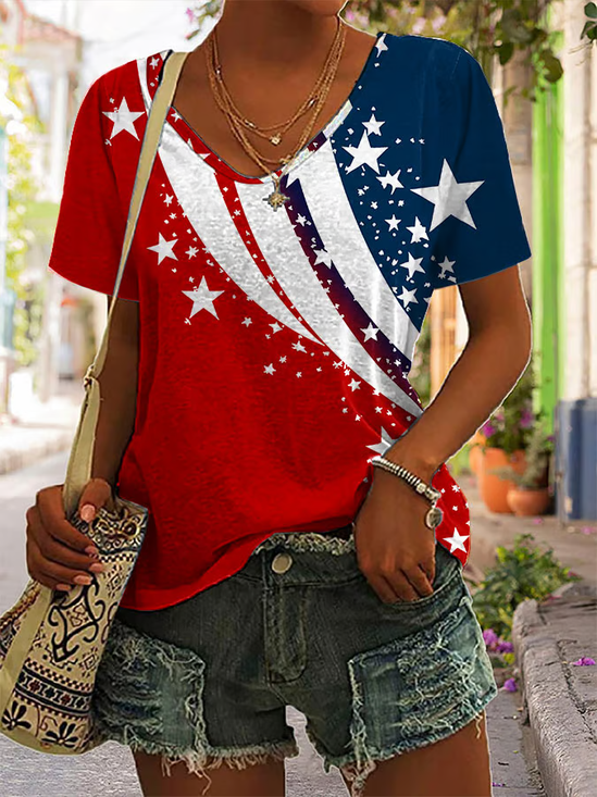 Women Independence Day (Flag) Short Sleeve Tee T-shirt V Neck Printing Casual Summer Graphic Tee Top