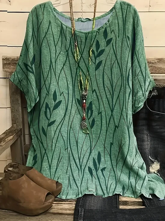 Women Plants Three Quarter Sleeve Tee T-shirt Crew Neck Vintage Spring/Fall Top
