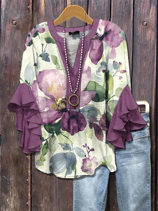 Women Floral Half Sleeve Shirt Summer Printing V Neck Daily Casual Top