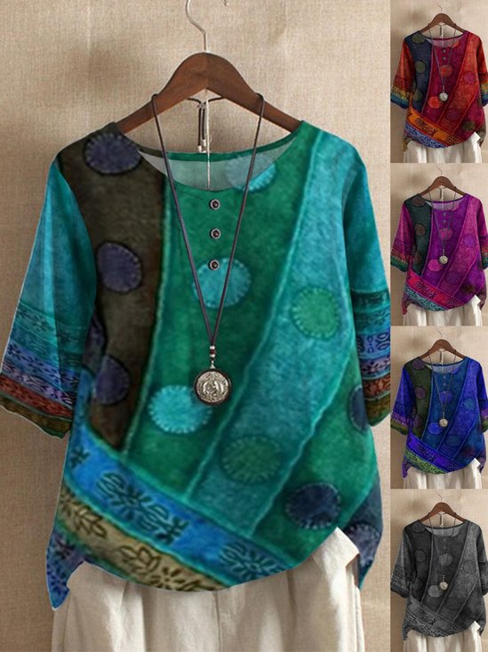 Women Geometric Short Sleeve Tee T-shirt V Neck Vintage Summer Top