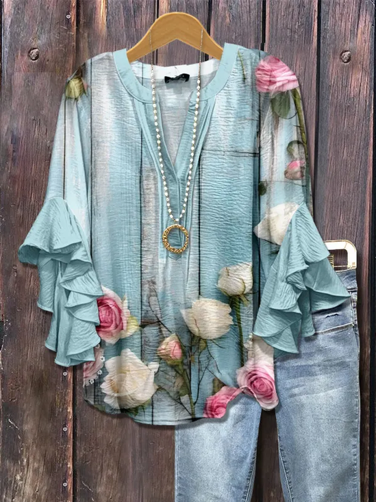 Women Floral Half Sleeve Shirt Summer Printing V Neck Daily Casual Top