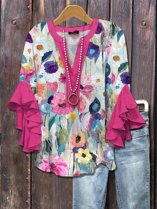 Women Floral Half Sleeve Shirt Summer Printing V Neck Daily Casual Top