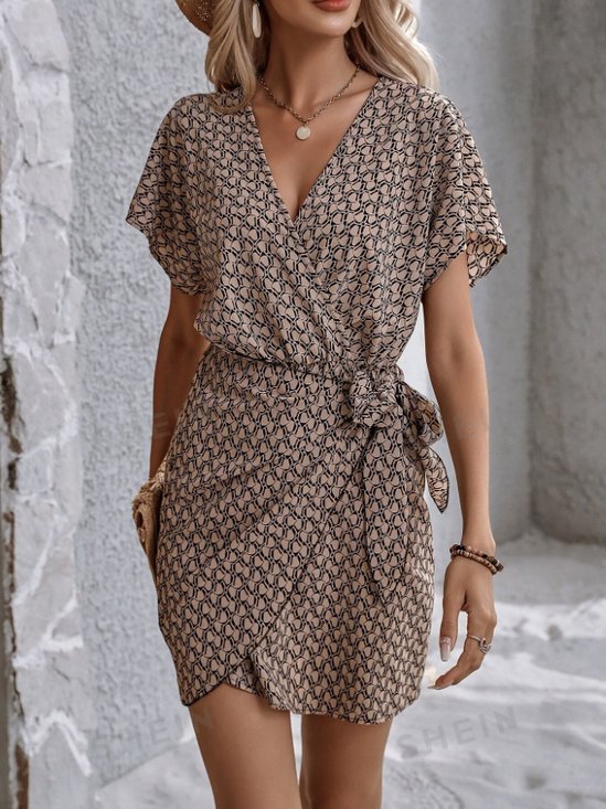 Women Geometric Short Sleeve Summer Asymmetric Dress V Neck Dolman Sleeve Daily Vintage Midi Tank A-Line Dress