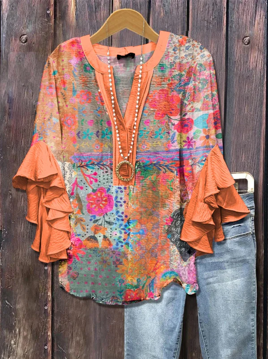 Women Floral Half Sleeve Shirt Summer Printing V Neck Daily Casual Top