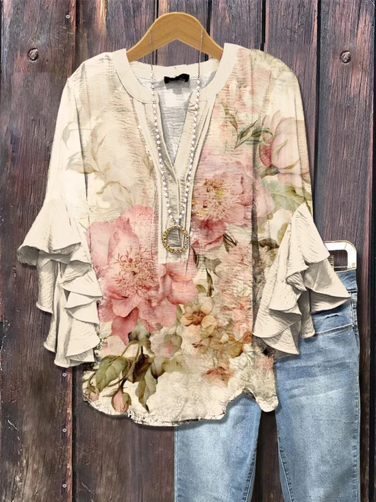Women Floral Half Sleeve Shirt Summer Printing V Neck Daily Casual Top