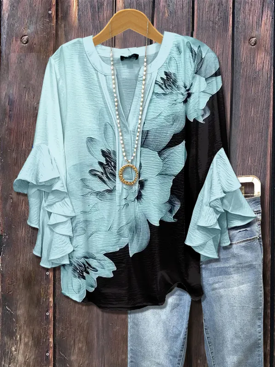 Women Floral Half Sleeve Shirt Summer Printing V Neck Daily Casual Top