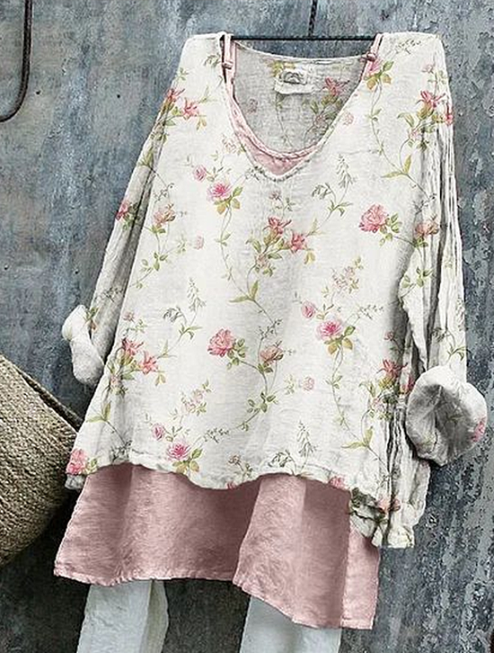 Women Floral Long Sleeve Blouse Spring/Fall Printing V Neck Daily Casual Top