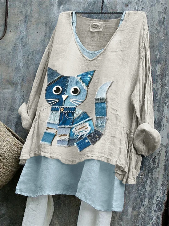 Women Cat Long Sleeve Blouse Spring/Fall Printing V Neck Daily Casual Top