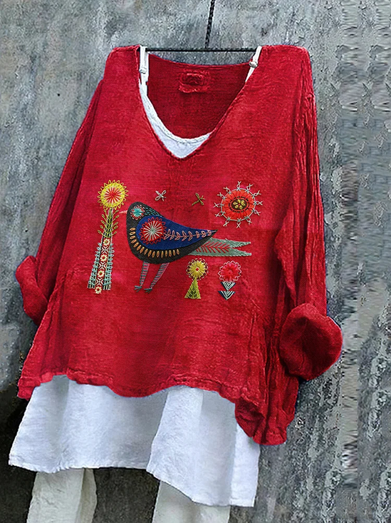 Women Floral Long Sleeve Blouse Spring/Fall Printing V Neck Daily Casual Top