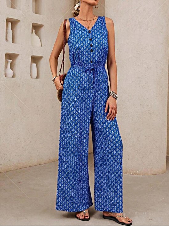 Women Geometric V Neck Sleeveless Casual Summer Jumpsuit
