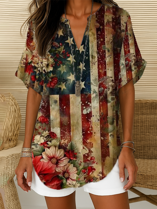 Women Floral Short Sleeve Shirt Summer Printing V Neck Daily Casual Top