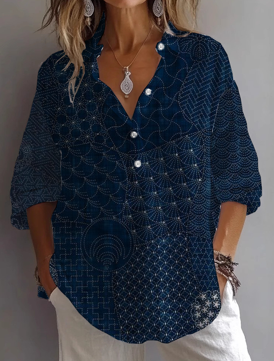 Women Abstract Long Sleeve Shirt Spring/Fall Printing Shirt Collar Daily Casual Top