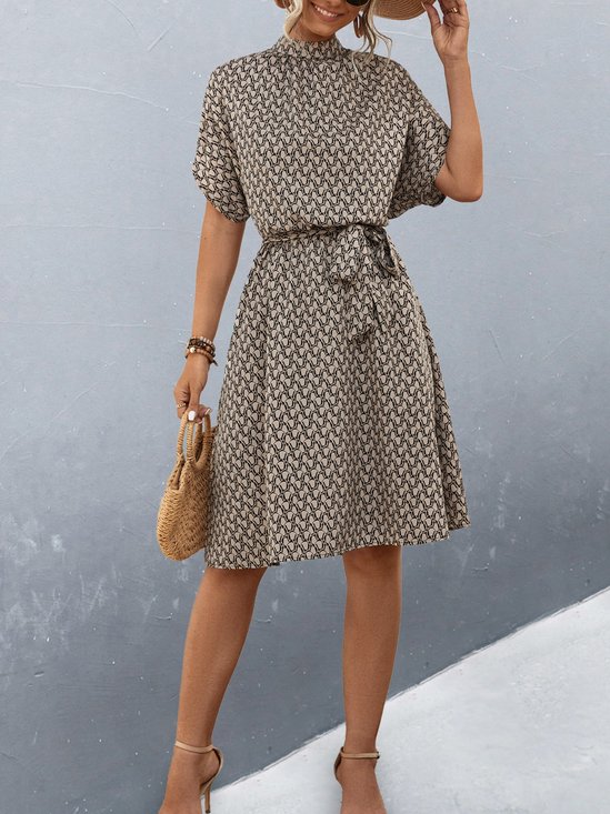 Women Geometric Short Sleeve Summer Printing Dress Crew Neck Daily Vintage Midi Tunic A-Line Dress