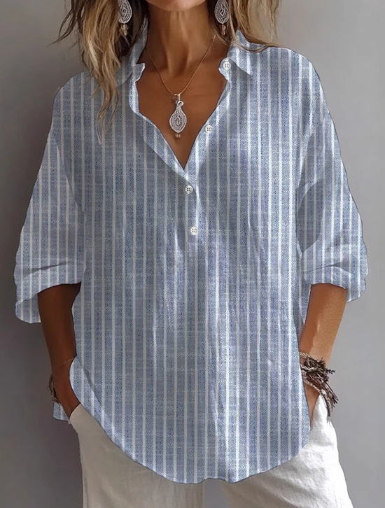 Women Striped Long Sleeve Shirt Spring/Fall Printing Shirt Collar Daily Casual Top