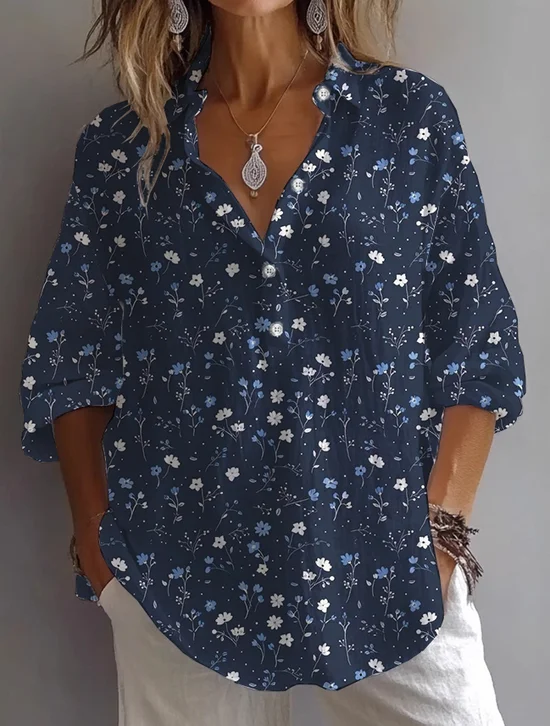 Women Floral Long Sleeve Shirt Spring/Fall Printing Shirt Collar Daily Casual Top