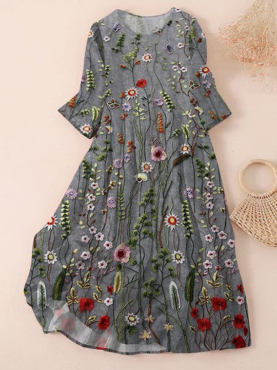 Women Floral Three Quarter Sleeve Spring/Fall Printing Dress Crew Neck Daily Casual Maxi Classic H-Line Dress