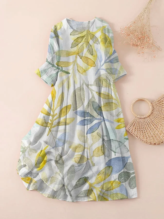 Women Floral Three Quarter Sleeve Spring/Fall Printing Dress Crew Neck Daily Casual Maxi Classic H-Line Dress