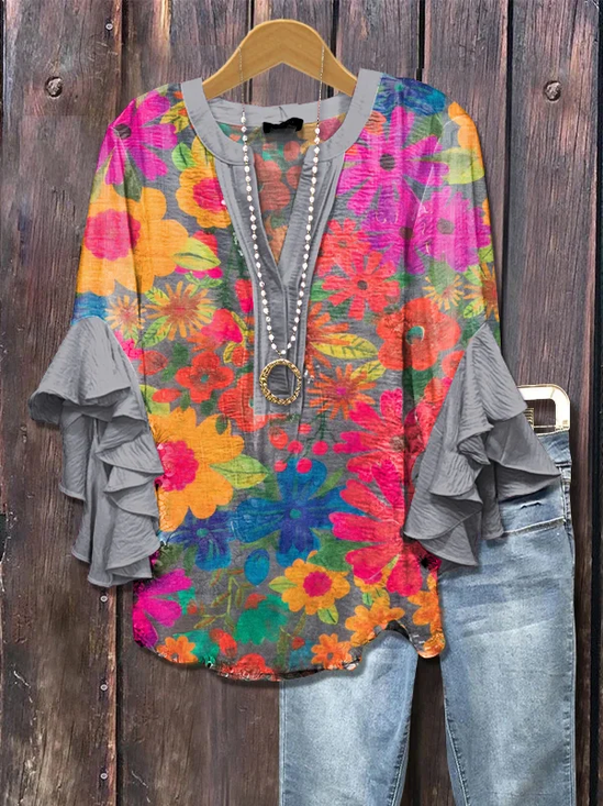 Women Floral Half Sleeve Shirt Summer Printing V Neck Daily Casual Top