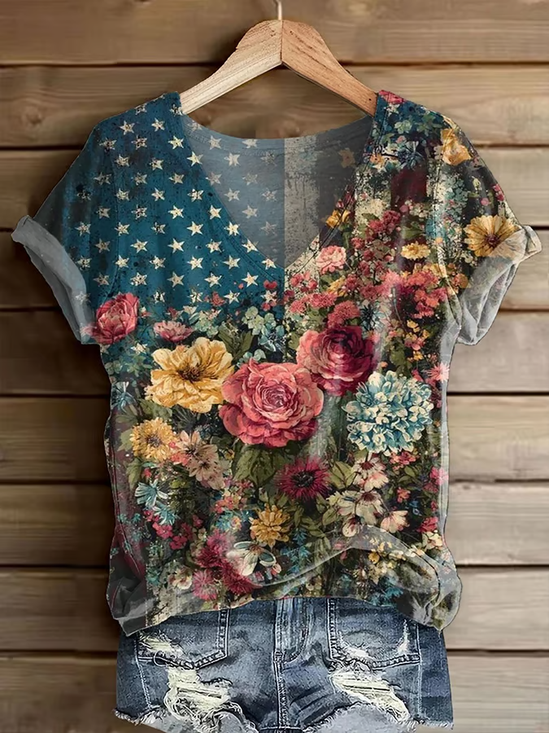 Women Floral Short Sleeve Tee T-shirt V Neck Printing Casual Summer Graphic Tee Top