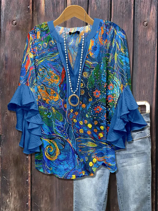 Women Floral Half Sleeve Shirt Summer Printing V Neck Daily Casual Top