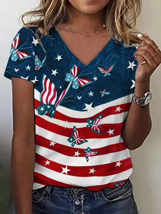 Women Butterfly Short Sleeve Tee T-shirt V Neck Printing Casual Summer Graphic Tee Top