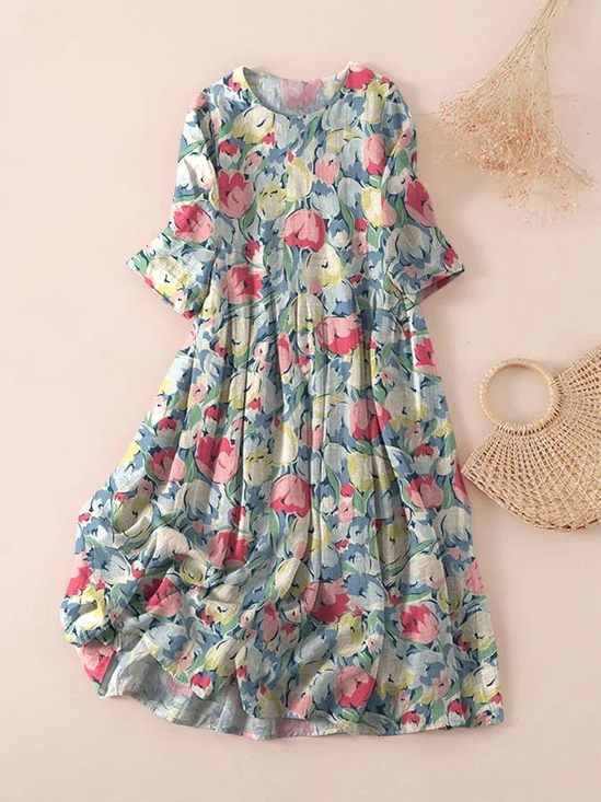 Women Floral Three Quarter Sleeve Spring/Fall Printing Dress Crew Neck Daily Casual Maxi Classic H-Line Dress