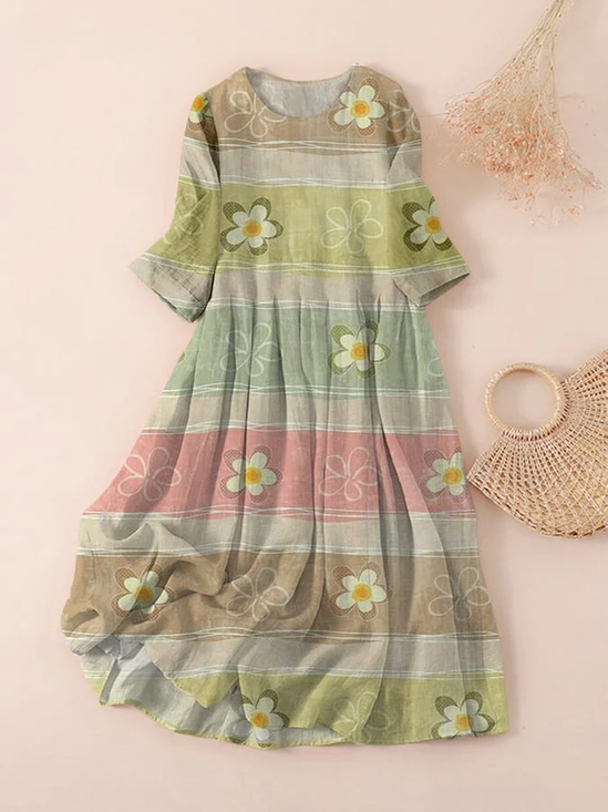 Women Floral Three Quarter Sleeve Spring/Fall Printing Dress Crew Neck Daily Casual Maxi Classic H-Line Dress