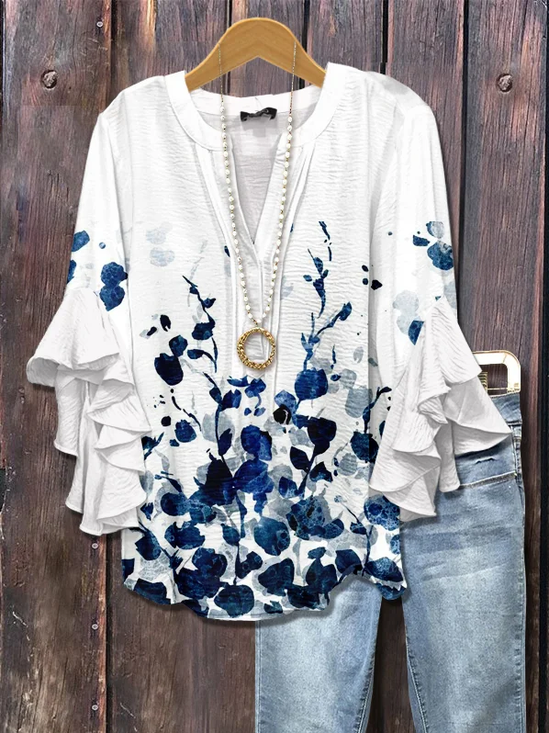 Women Floral Half Sleeve Shirt Summer Printing V Neck Daily Casual Top