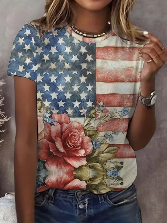Women Floral Short Sleeve Tee T-shirt Crew Neck Printing Casual Summer Graphic Tee Top