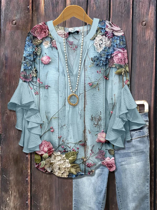 Women Floral Half Sleeve Shirt Summer Printing V Neck Daily Casual Top
