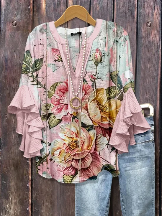 Women Floral Half Sleeve Shirt Summer Printing V Neck Daily Casual Top