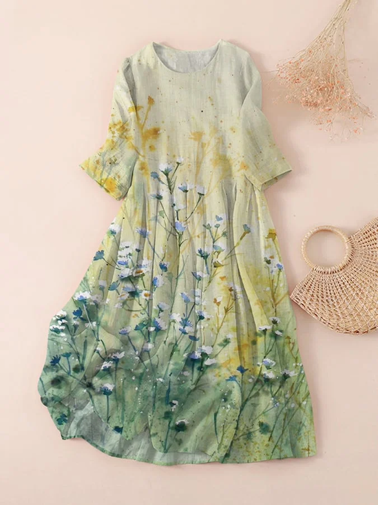 Women Floral Three Quarter Sleeve Spring/Fall Printing Dress Crew Neck Daily Casual Maxi Classic H-Line Dress