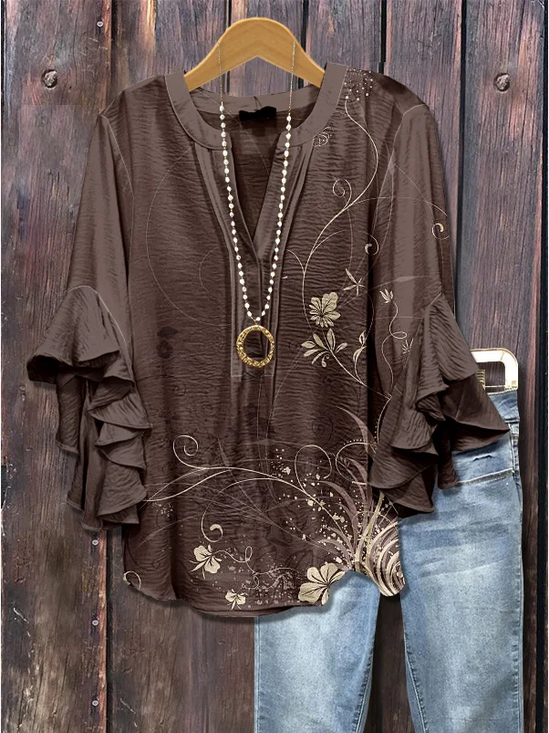 Women Floral Half Sleeve Shirt Summer Printing V Neck Daily Casual Top