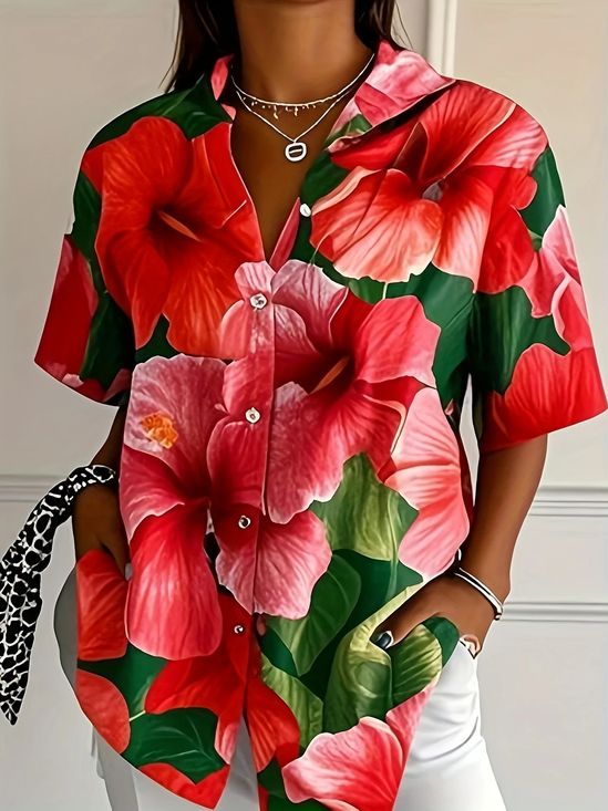 Women Floral Short Sleeve Shirt Summer Printing Shirt Collar Daily Casual Top