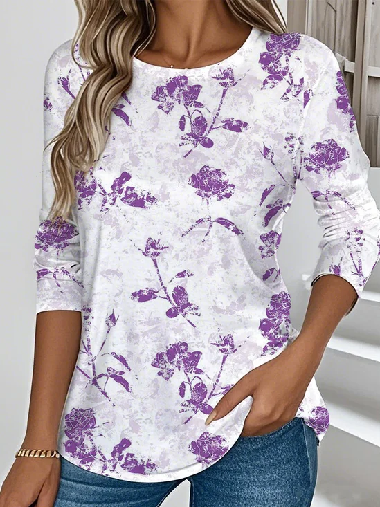 Women Floral Long Sleeve Tee T-shirt Crew Neck Casual Spring/Fall Top
