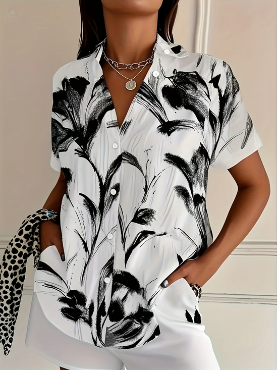 Women Floral Short Sleeve Shirt Summer Printing Shirt Collar Daily Casual Top