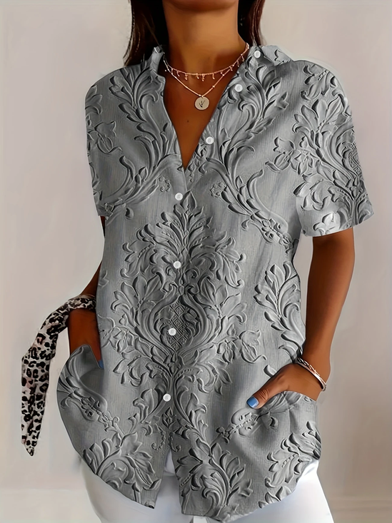 Women Floral Short Sleeve Shirt Summer Printing Shirt Collar Daily Casual Top