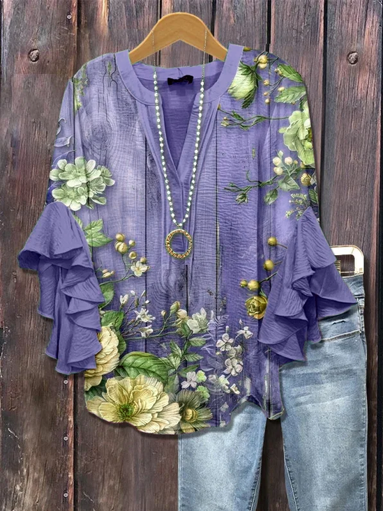 Women Floral Half Sleeve Shirt Summer Printing V Neck Daily Casual Top