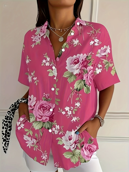 Women Floral Short Sleeve Shirt Summer Printing Shirt Collar Daily Casual Top